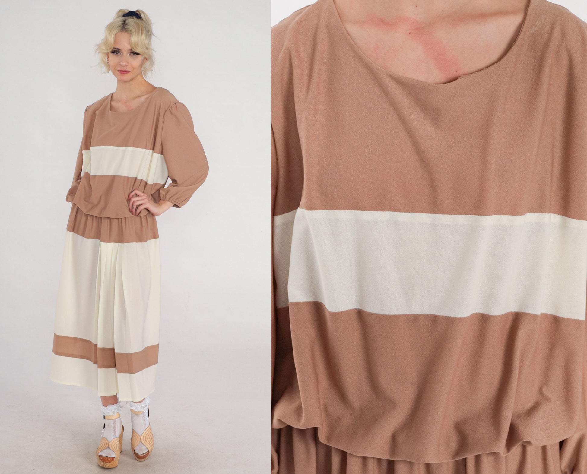 70s Striped Blouson Midi Dress Brown White Pleated Long Sleeve XXL