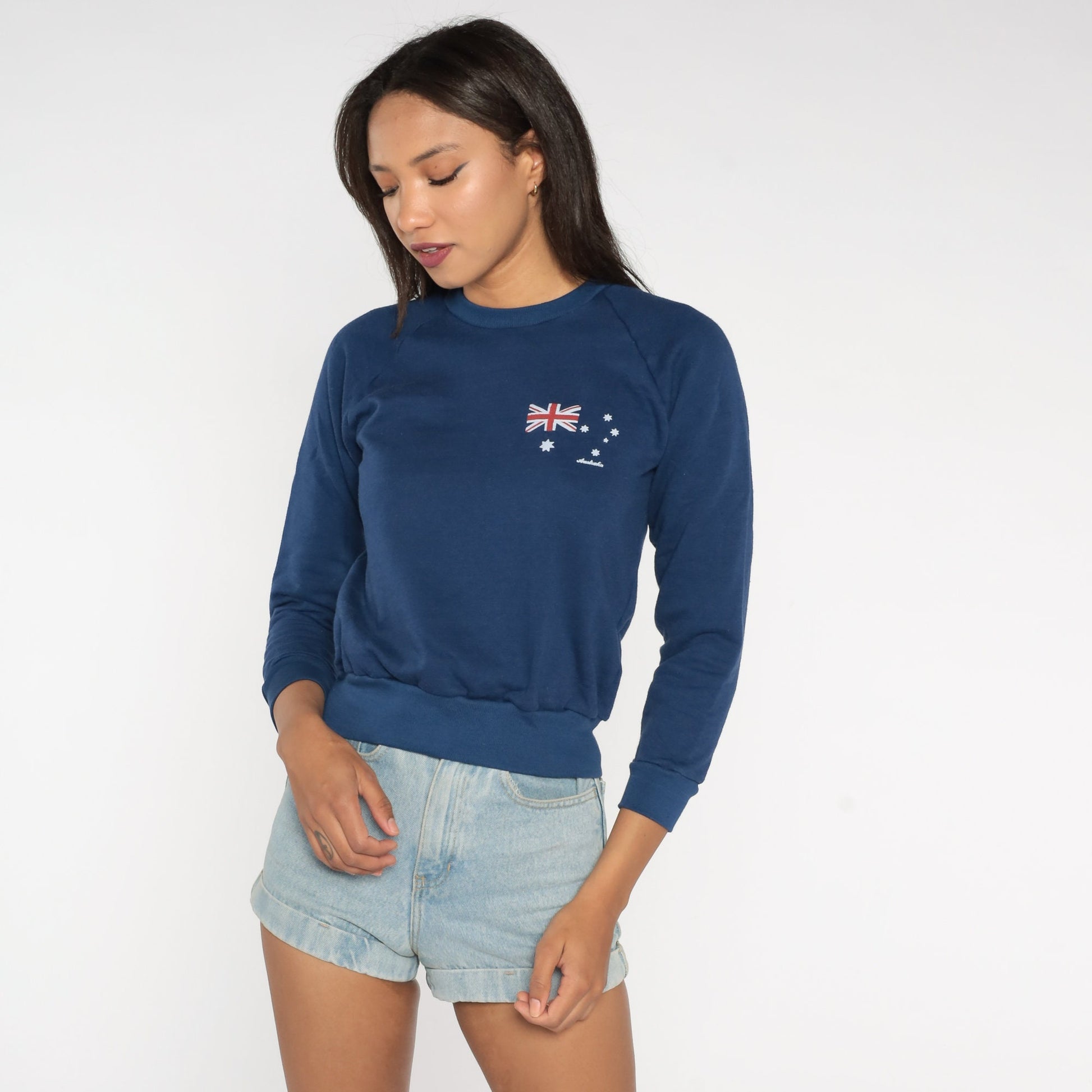 80s Australian Flag Sweatshirt Dark Blue Raglan Graphic Pullover Extra Small