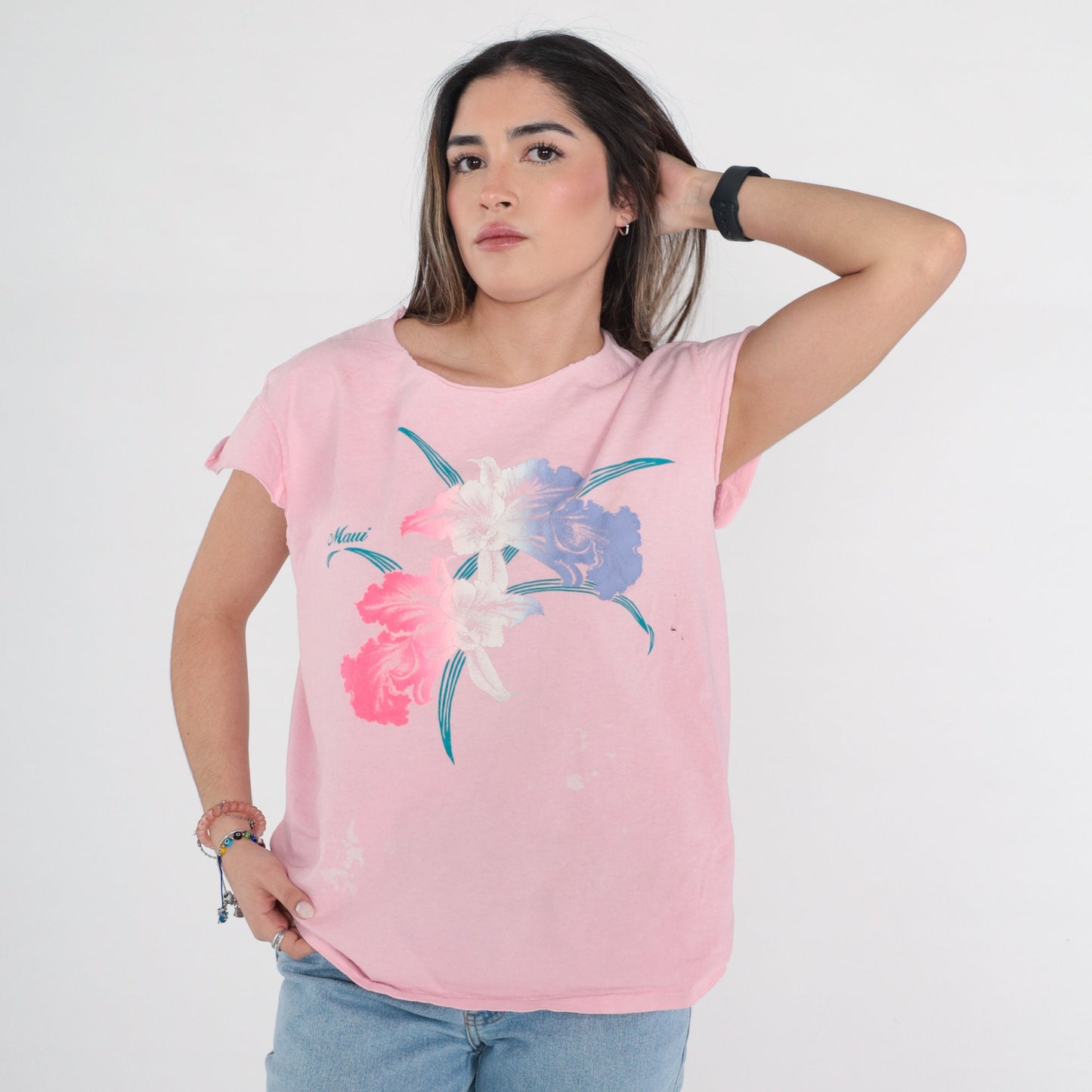 90s Maui Flower Graphic T-Shirt Pink Floral Hawaii Tee Medium Large