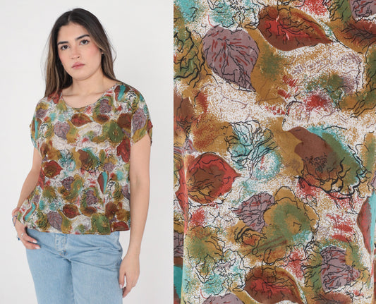 90s Abstract Floral Shirt Cap Sleeve Blouse Olive Green White Brown Medium Large