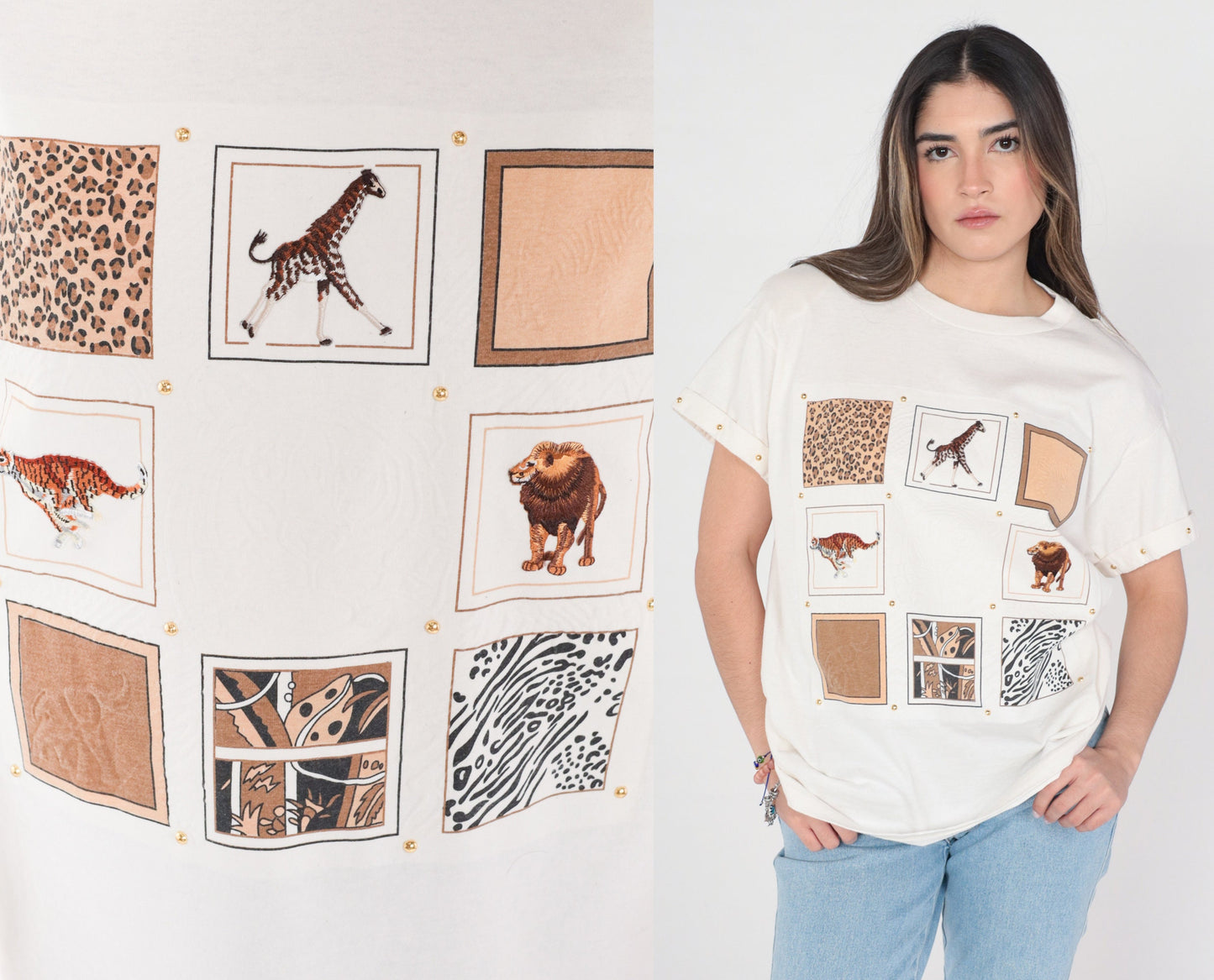 90s Safari Animal Graphic T-Shirt Gold Studs Giraffe Lion Tiger White Medium M
