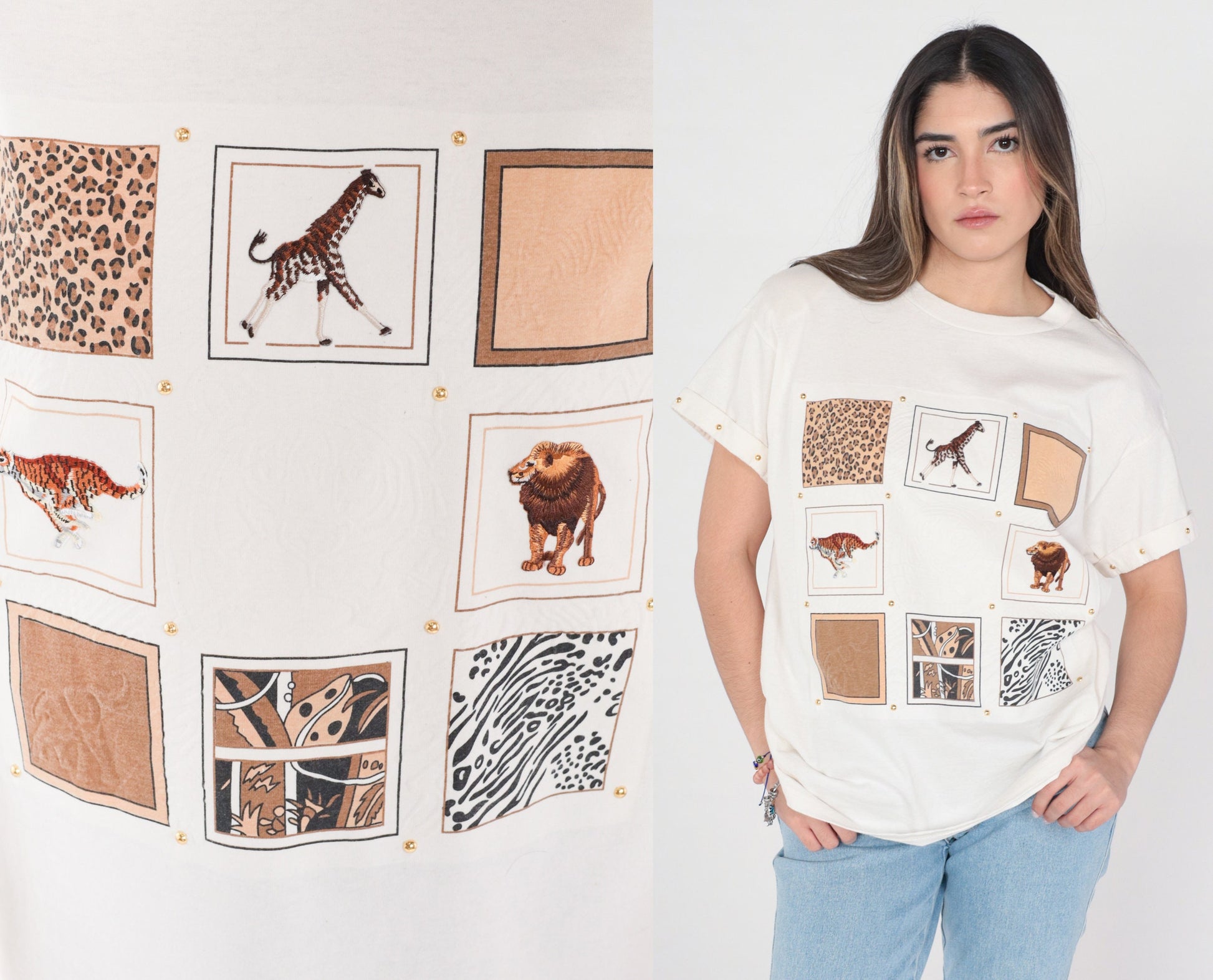 90s Safari Animal Graphic T-Shirt Gold Studs Giraffe Lion Tiger White Medium M