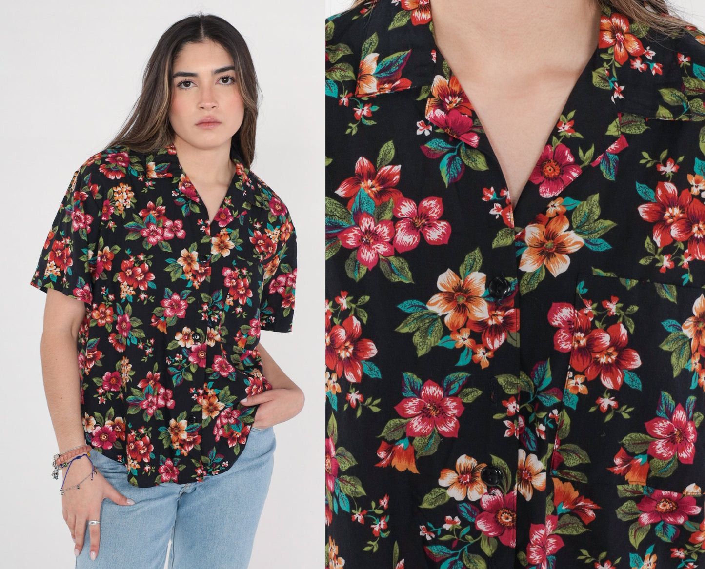 90s Black Tropical Floral Button-Up Shirt Short Sleeve Medium M