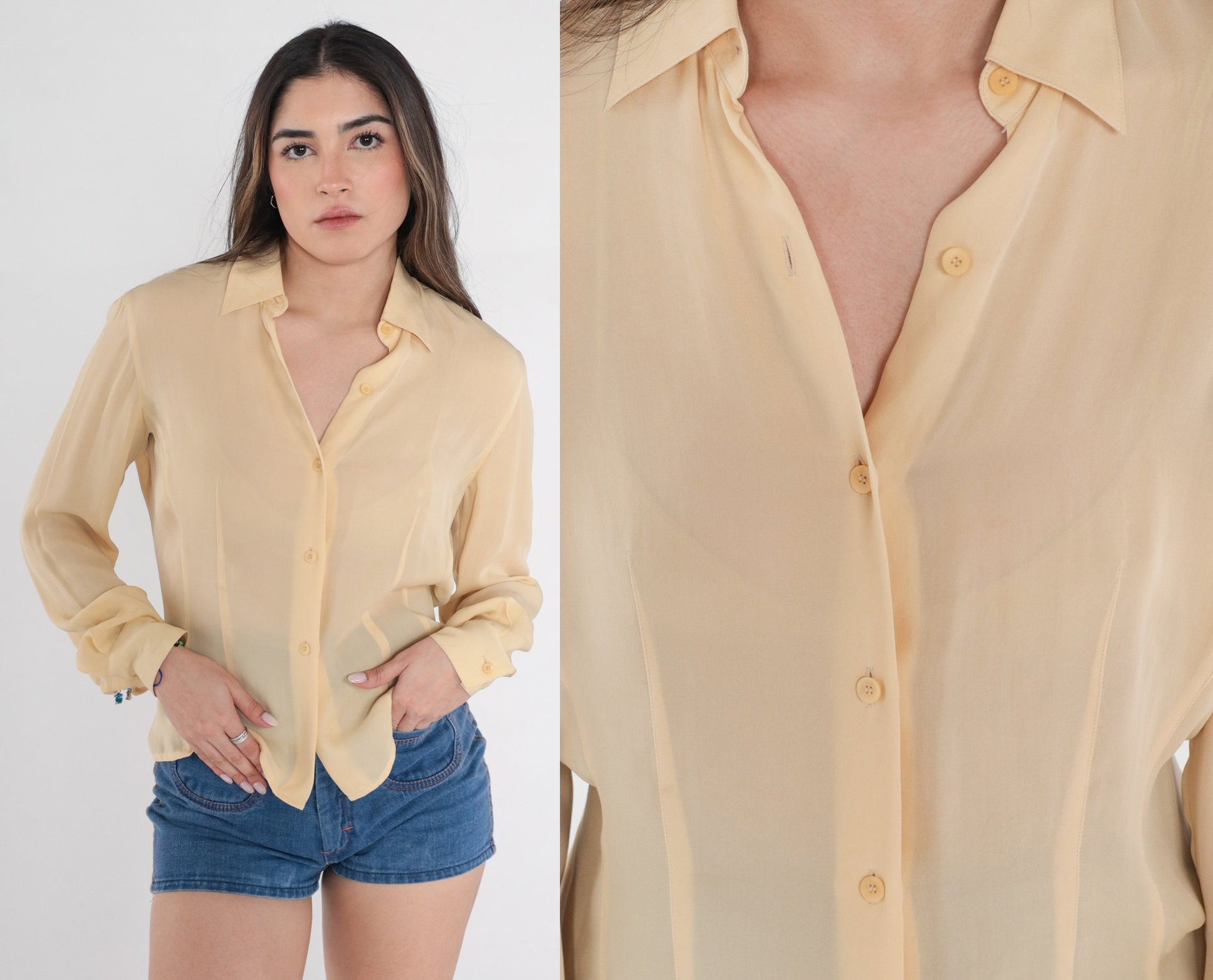 00s Pale Yellow Button-Up Blouse Balloon Sleeve Collared Shirt Medium M