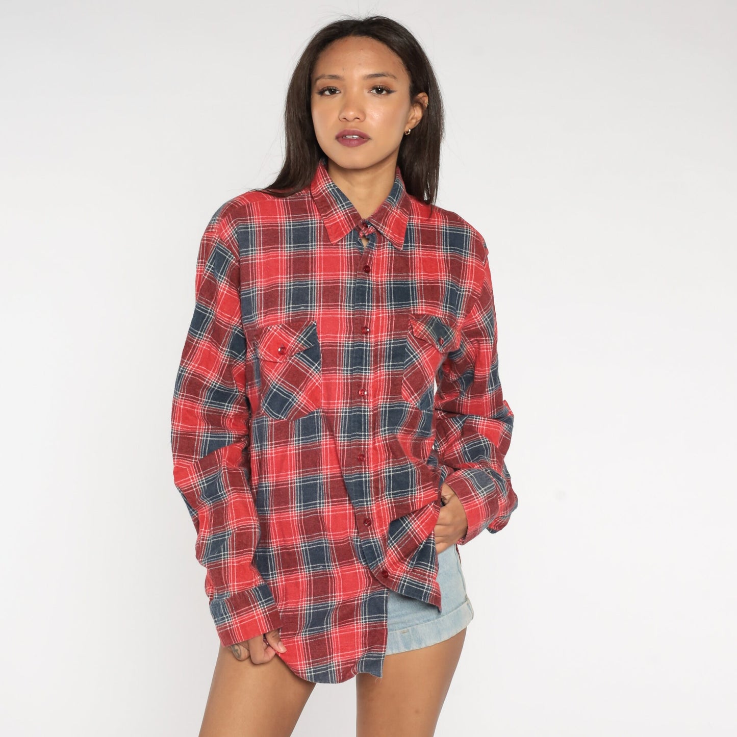 90s Red Blue Plaid Flannel Shirt Cotton Long Sleeve Button Up Large