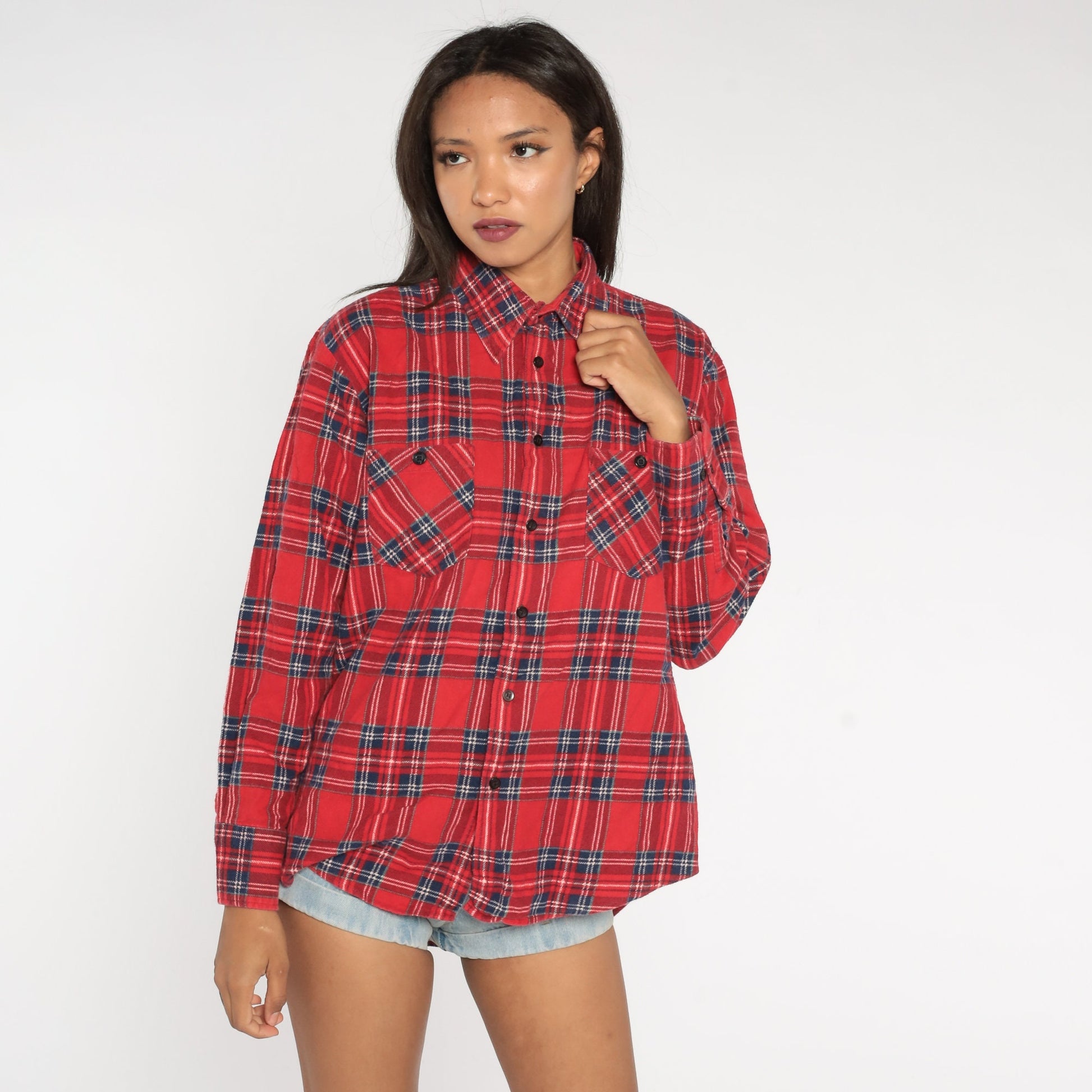 90s Red Navy Plaid Flannel Shirt Cotton Button Up Large