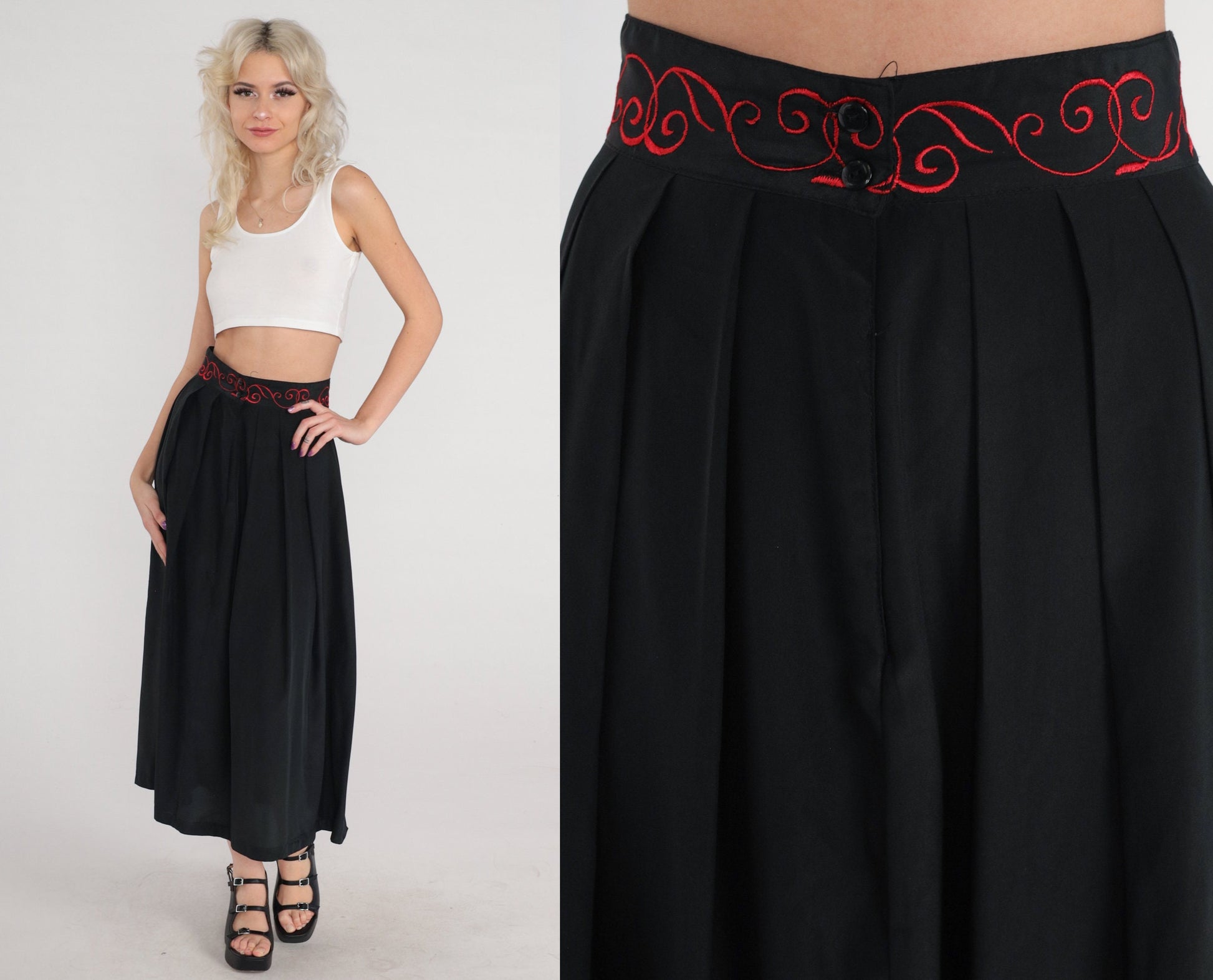 70s Black Midi Skirt High Waisted A-Line Red Embroidered Extra Small