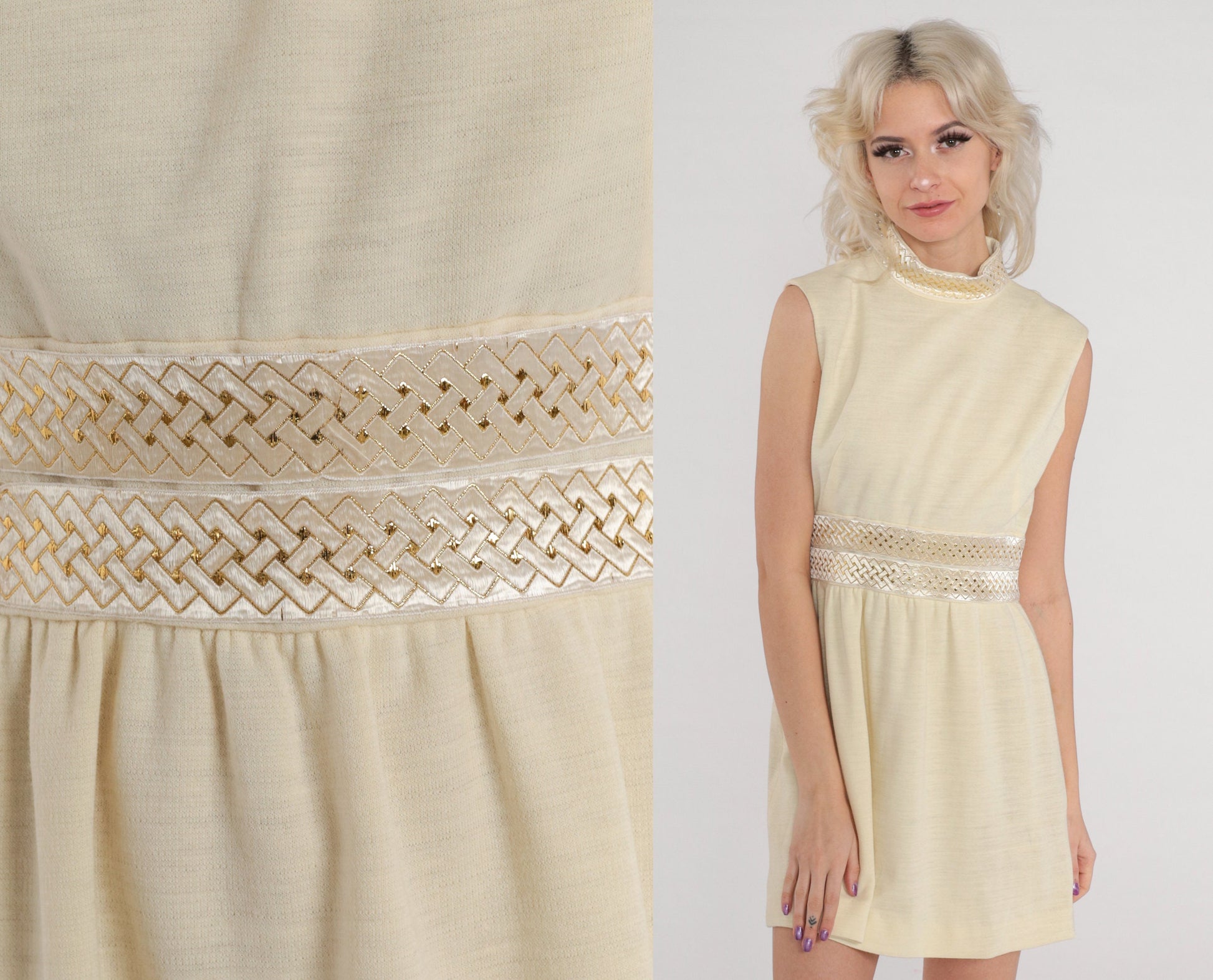 60s Cream Wool Blend Mod Mini Dress Metallic Trim Empire Waist Small S