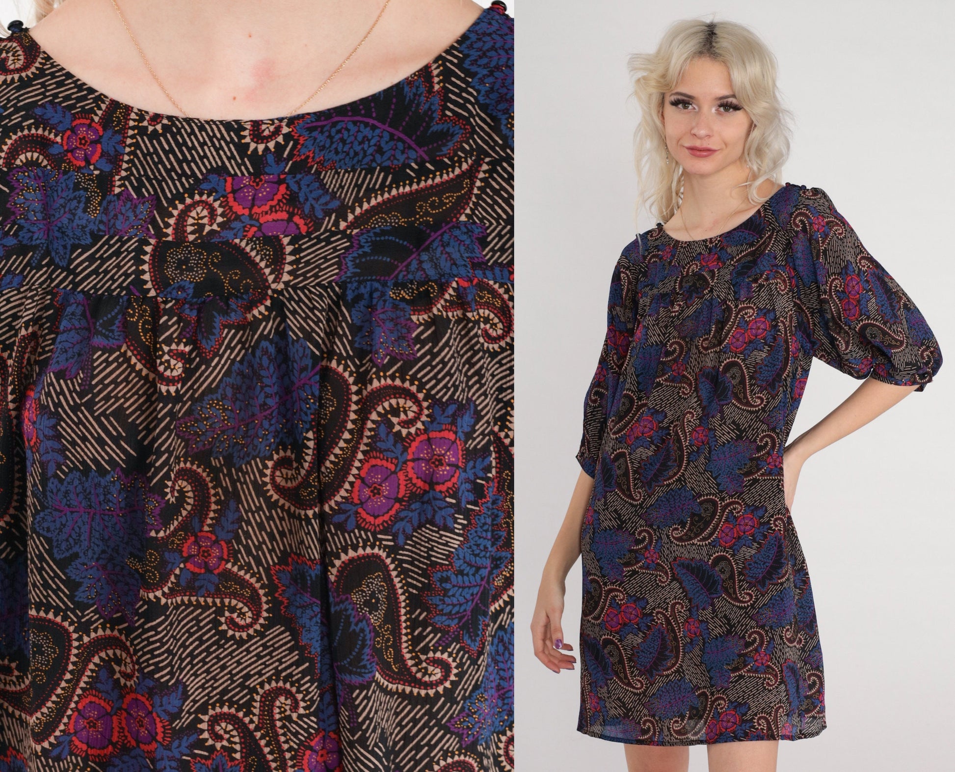 70s I Magnin Paisley Floral Mini Dress Black Half Sleeve Tent Cut Medium