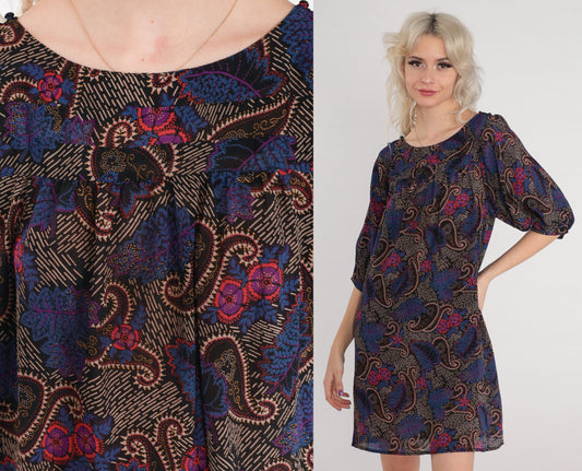70s I Magnin Paisley Floral Mini Dress Black Half Sleeve Tent Cut Medium