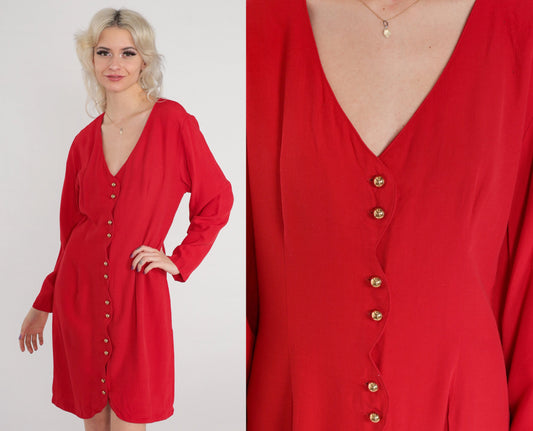 80s Red Button-Up Mini Dress Long Sleeve Sheath Pencil Cut Medium