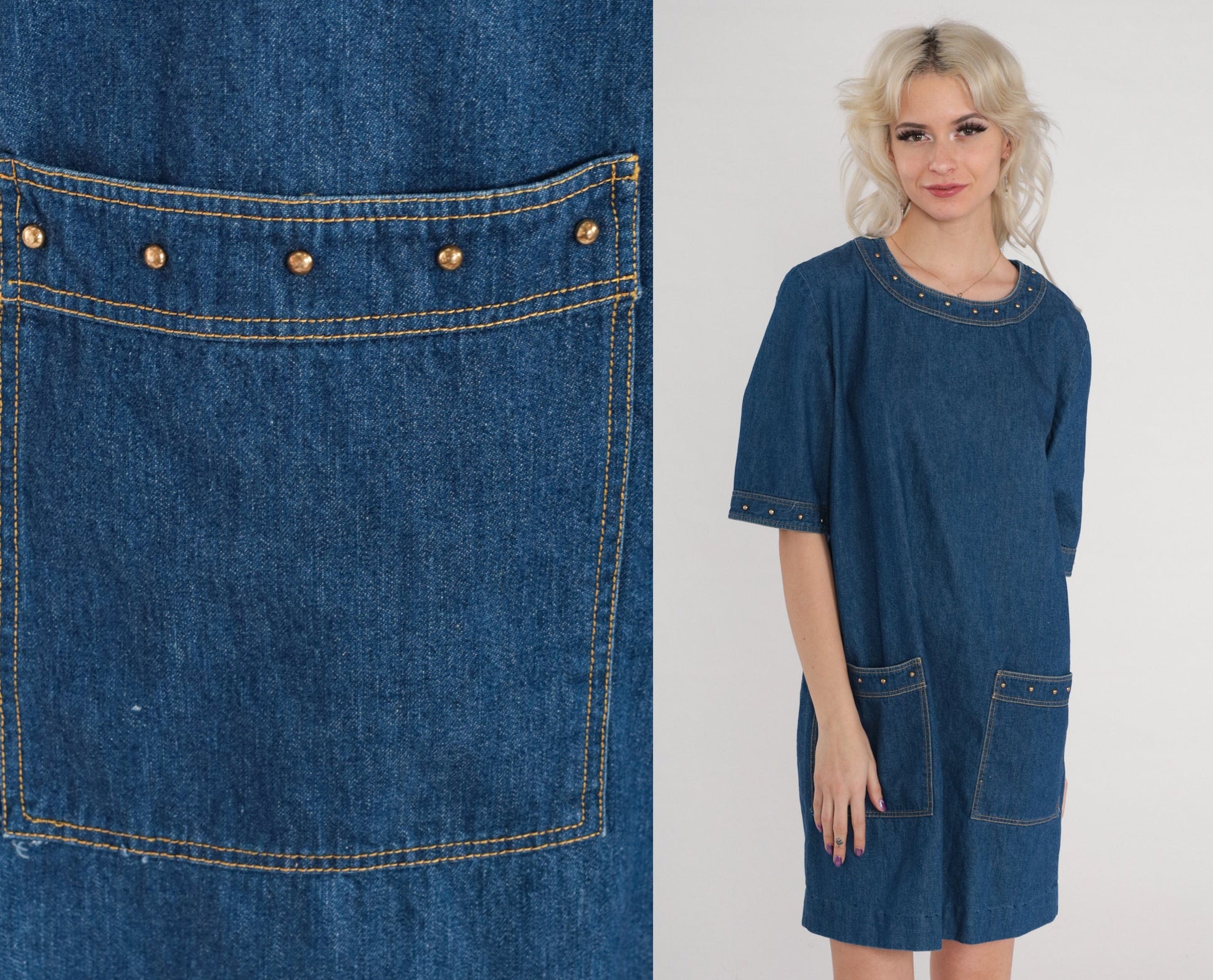 90s Blue Denim Mini Dress Gold Studs Short Sleeve Shift Medium M
