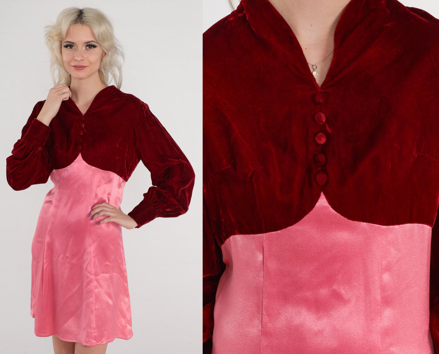 70s Velvet Babydoll Mini Dress Red Pink Empire Waist Long Sleeve Small