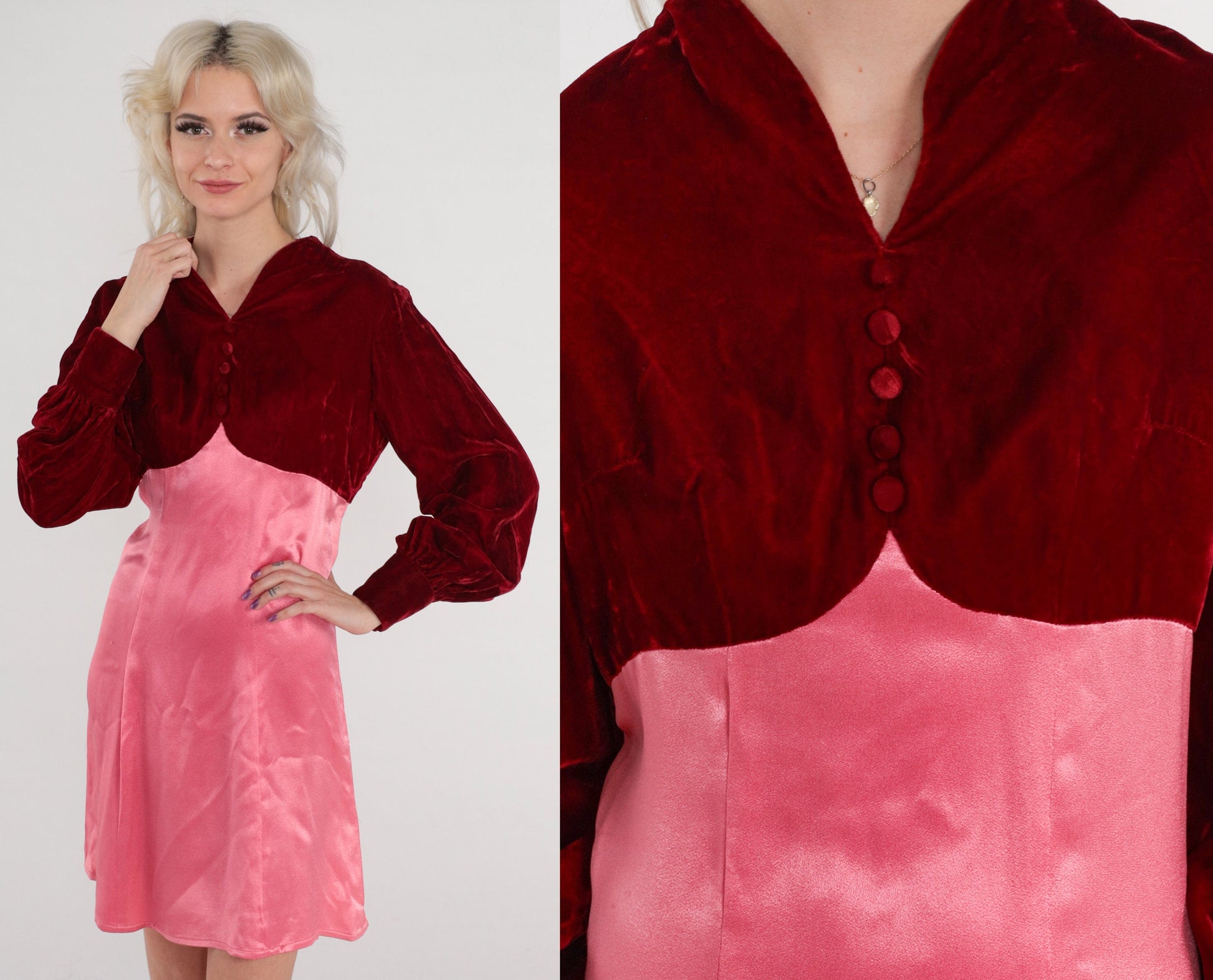 70s Velvet Babydoll Mini Dress Red Pink Empire Waist Long Sleeve Small