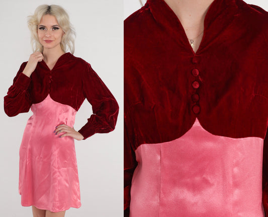 70s Velvet Babydoll Mini Dress Red Pink Empire Waist Long Sleeve Small