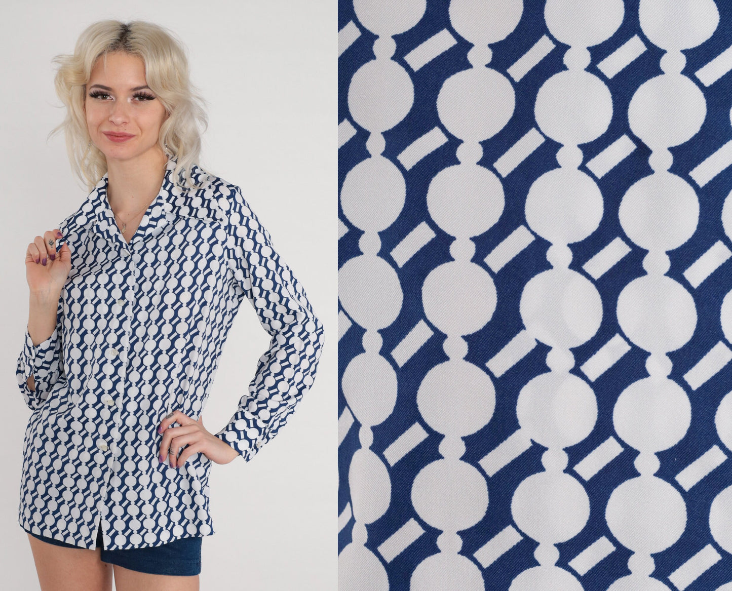 70s Geometric Dot Print Button-Up Blouse Wing Collar White Blue Medium
