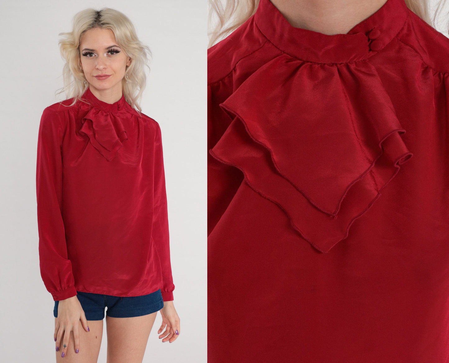 70s Red Ruffle Jabot Collar Blouse Long Sleeve Polyester Small