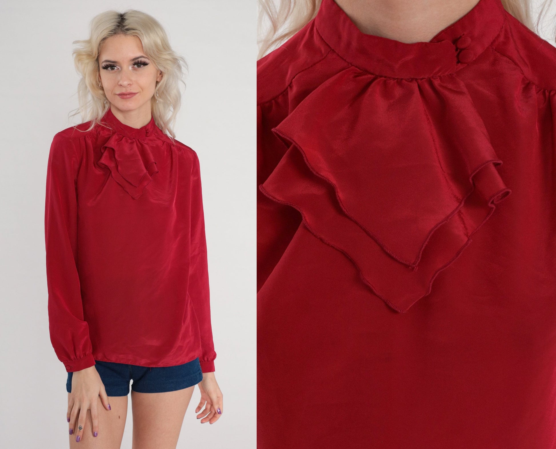 70s Red Ruffle Jabot Collar Blouse Long Sleeve Polyester Small