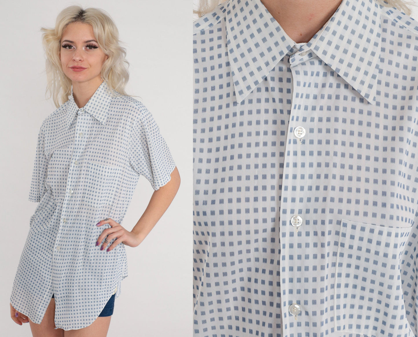 70s Arrow Button-Up Shirt White Blue Square Print Short Sleeve Pointed Collar Large