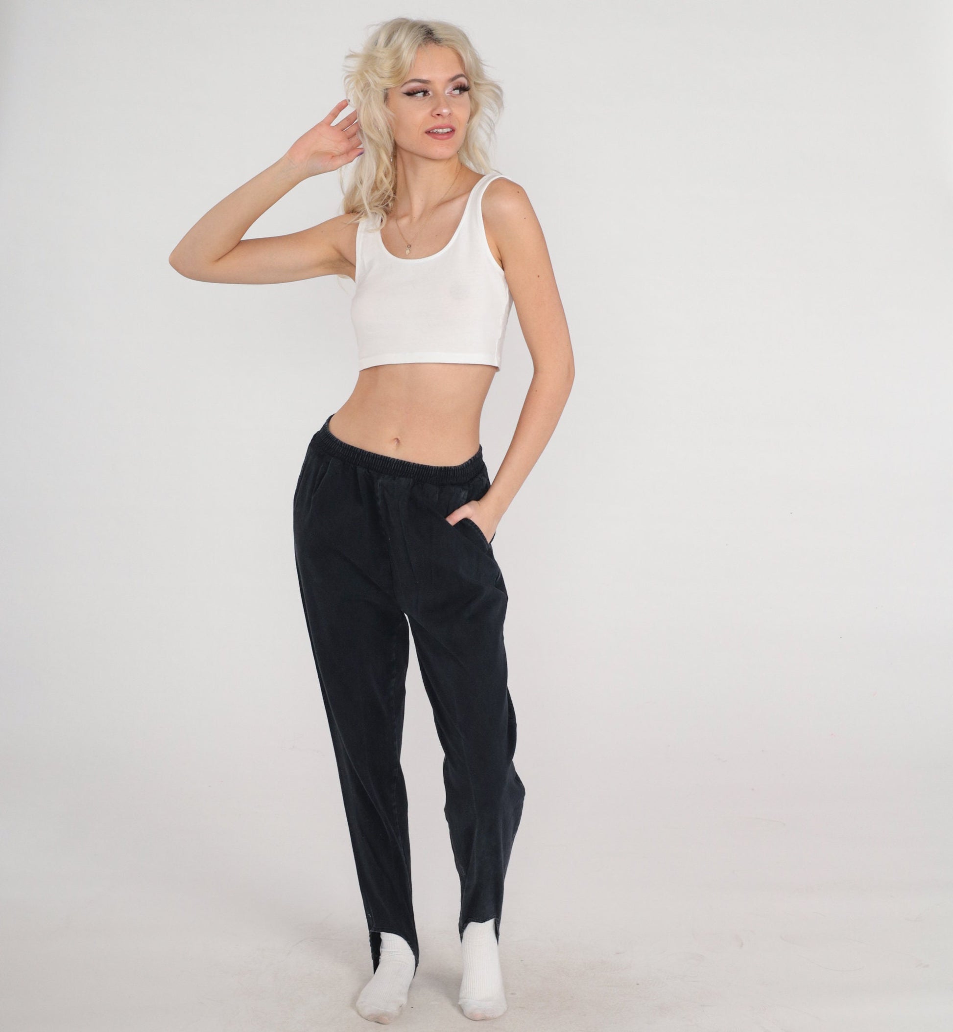90s Black Stirrup Pants Tapered High Waist Trousers Small S