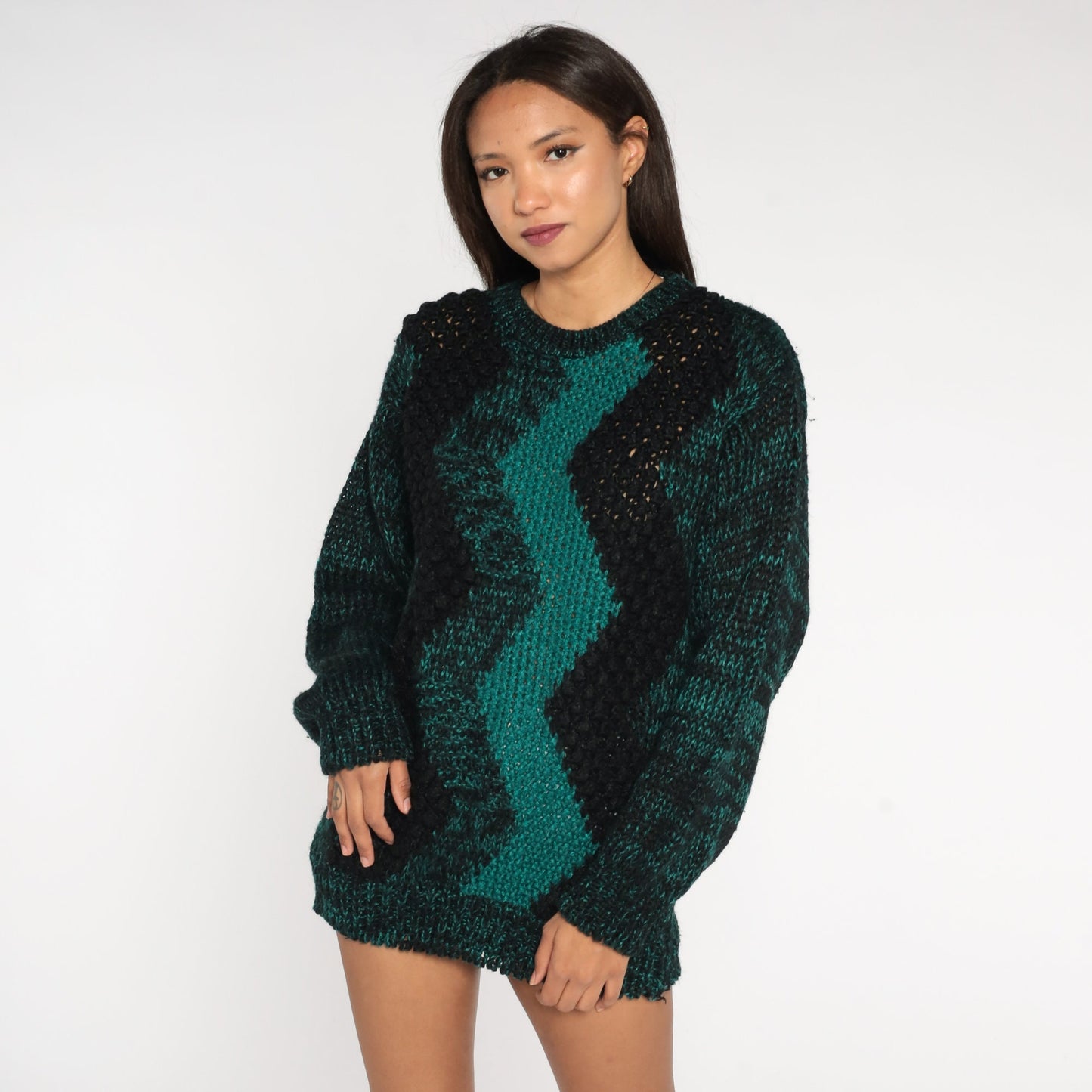 80s Zig Zag Striped Knit Sweater Black Green Space Dye Crewneck Medium