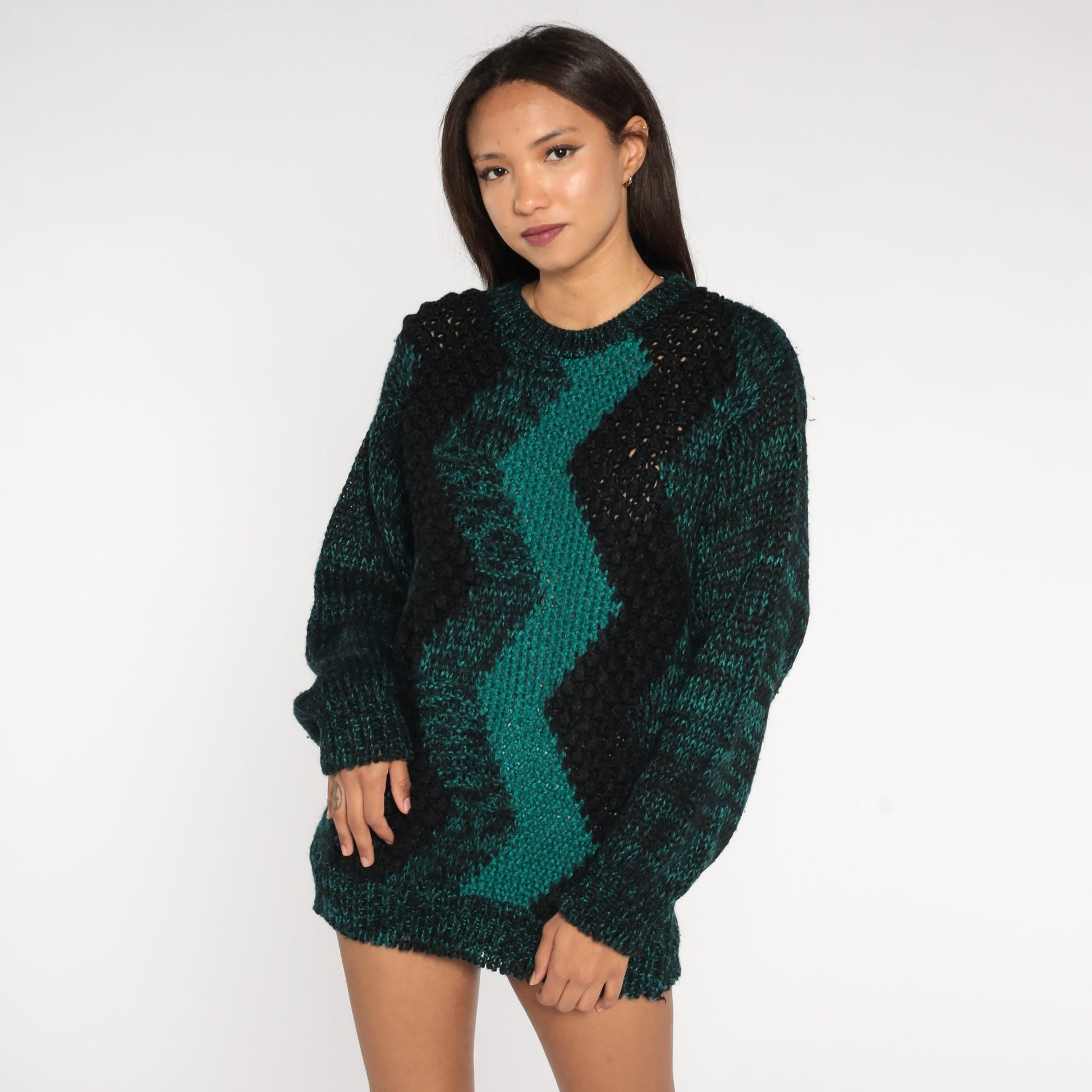 80s Zig Zag Striped Knit Sweater Black Green Space Dye Crewneck Medium