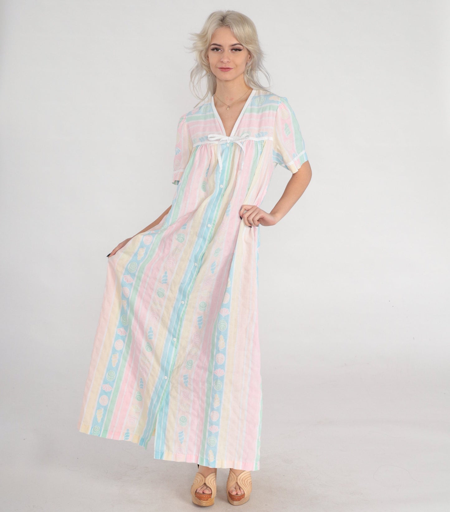 80s Pastel Striped Seashell Print Maxi Nightgown Short Sleeve Snap Front Large L
