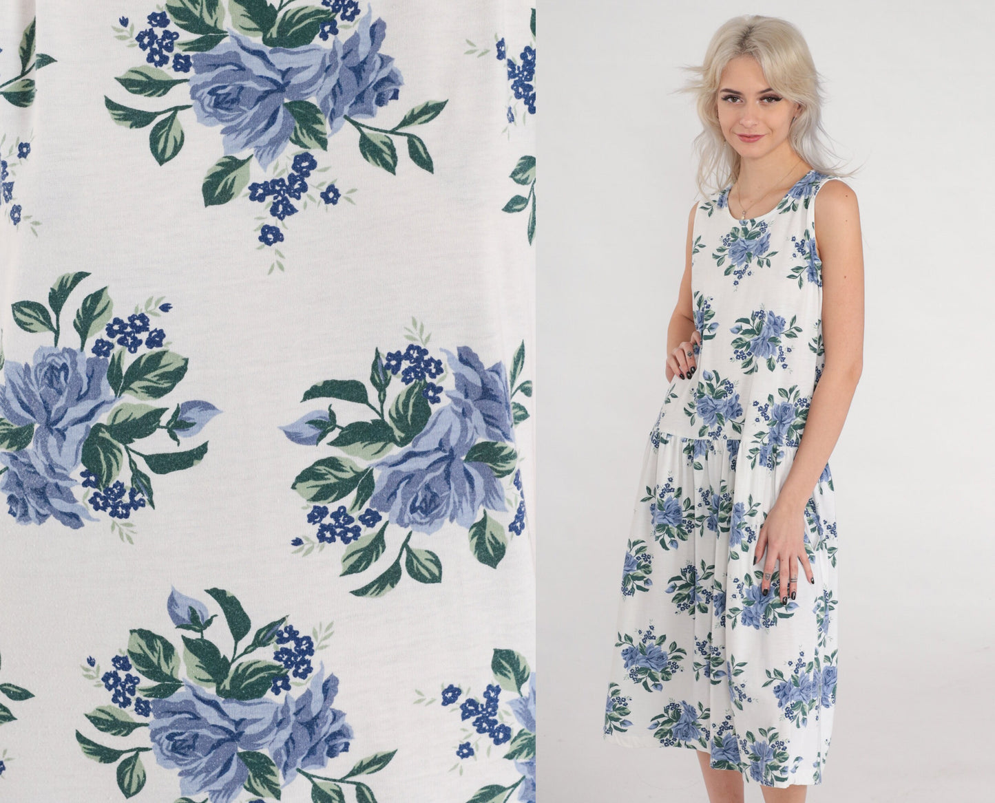 90s Floral Midi Dress White Blue Rose Print Drop Waist Sleeveless Medium