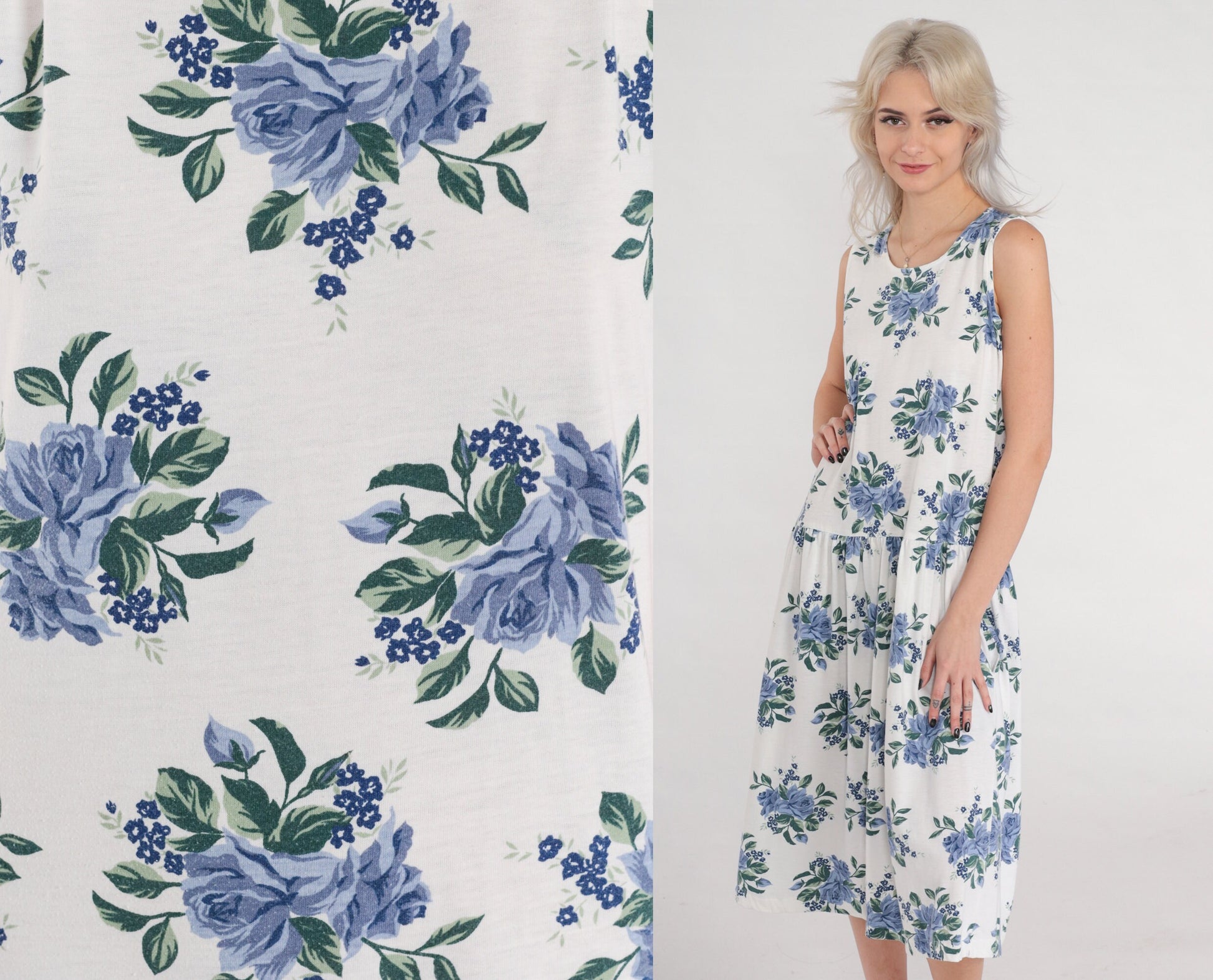 90s Floral Midi Dress White Blue Rose Print Drop Waist Sleeveless Medium