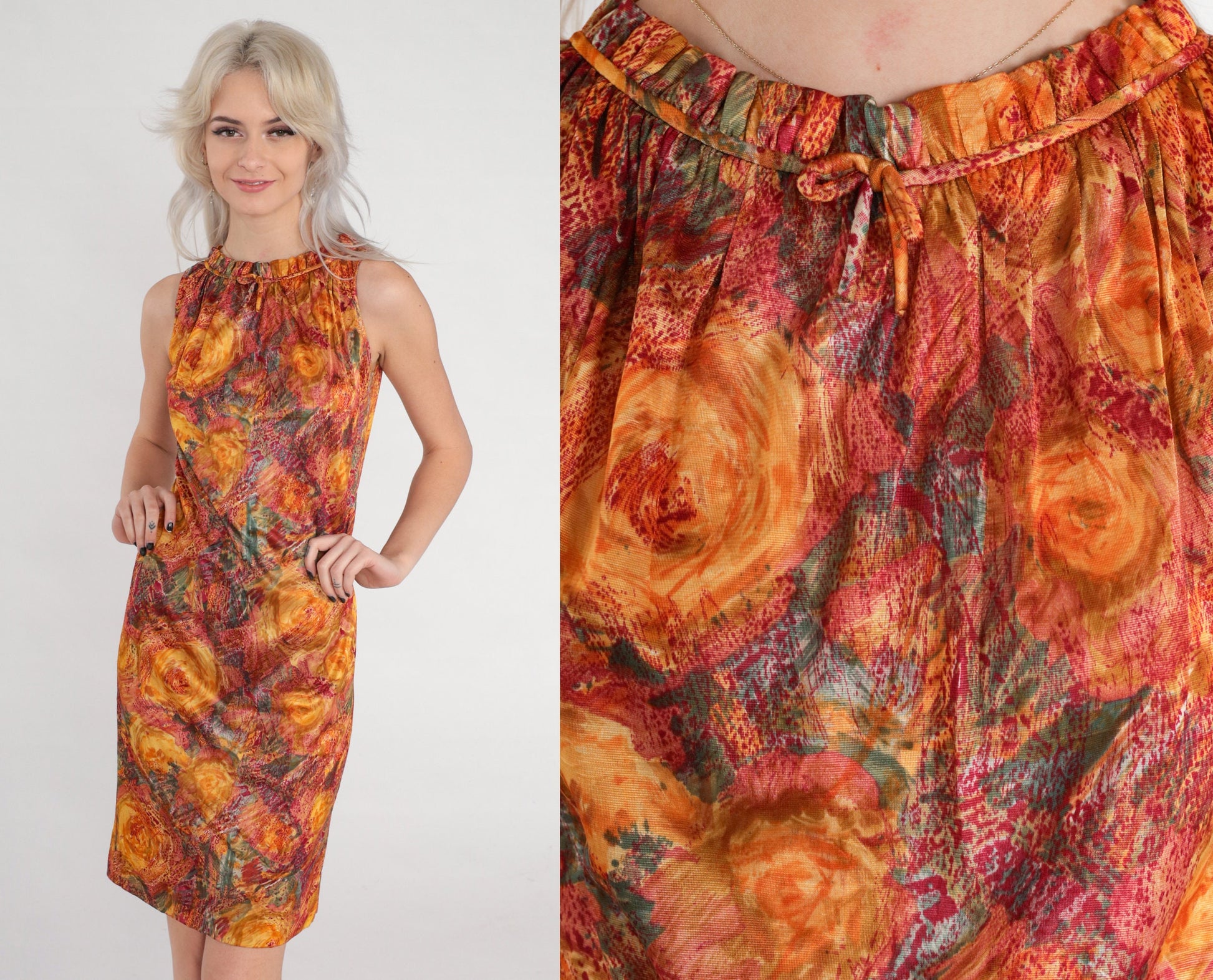 60s Mod Mini Shift Dress Watercolor Floral Print Orange High Neck Small