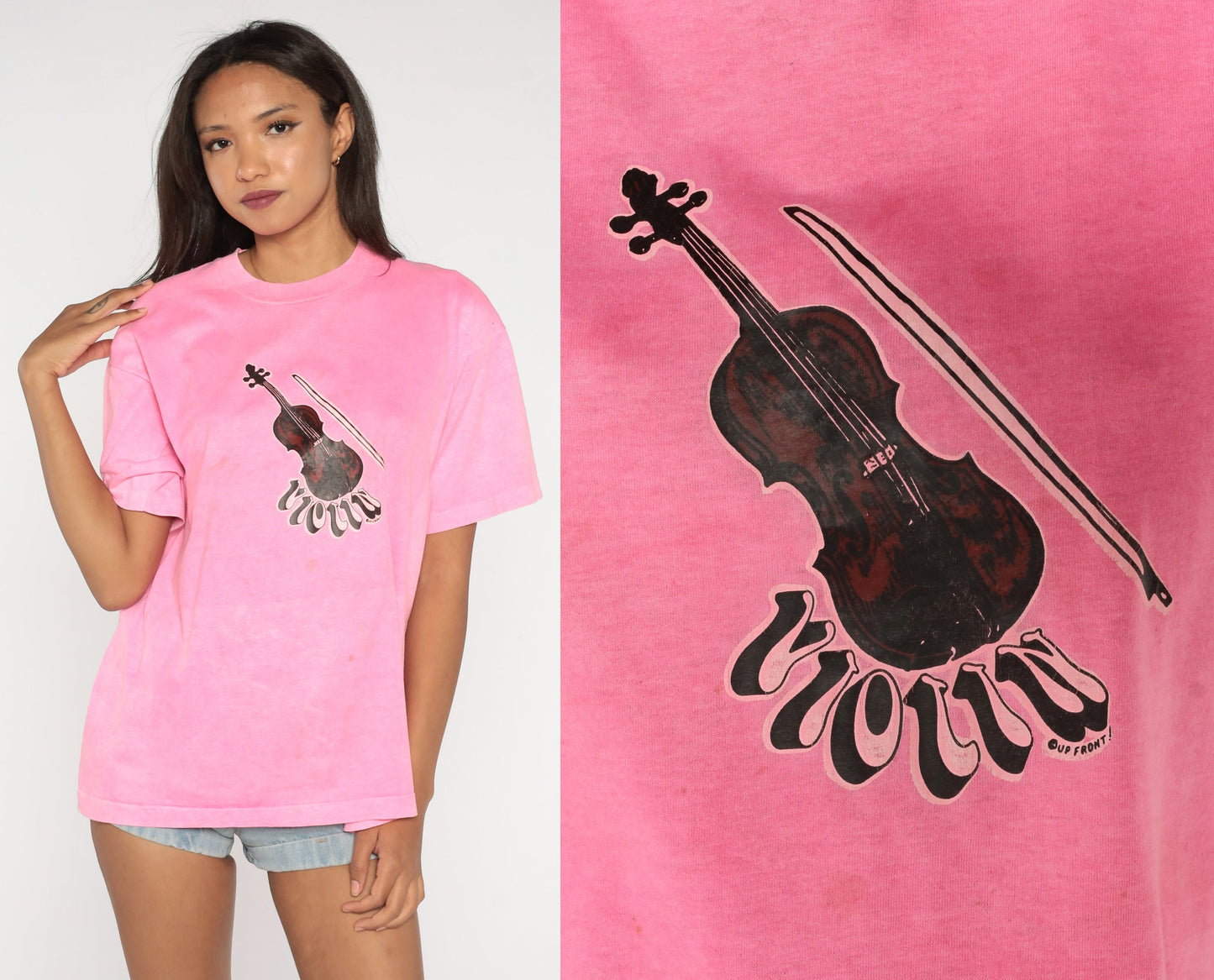 90s Screen Stars Violin Graphic T-Shirt Hot Pink Single Stitch Extra Large XL