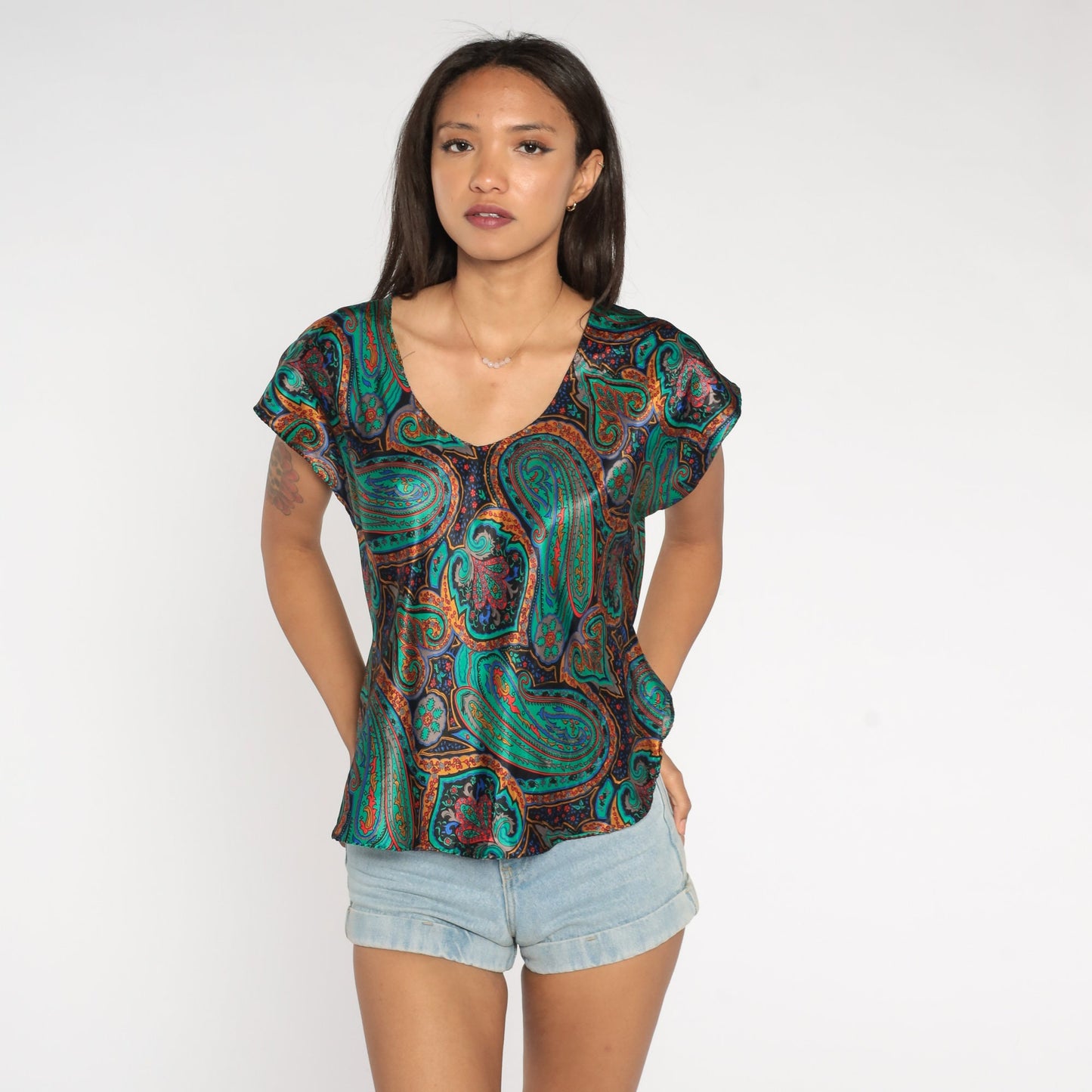 80s Paisley Pajama Top Green Cap Sleeve Sleep Shirt Large L