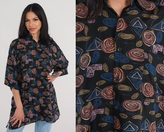 90s Robert Stock Silk Button-Up Shirt Abstract Geometric Print Black Blue Large