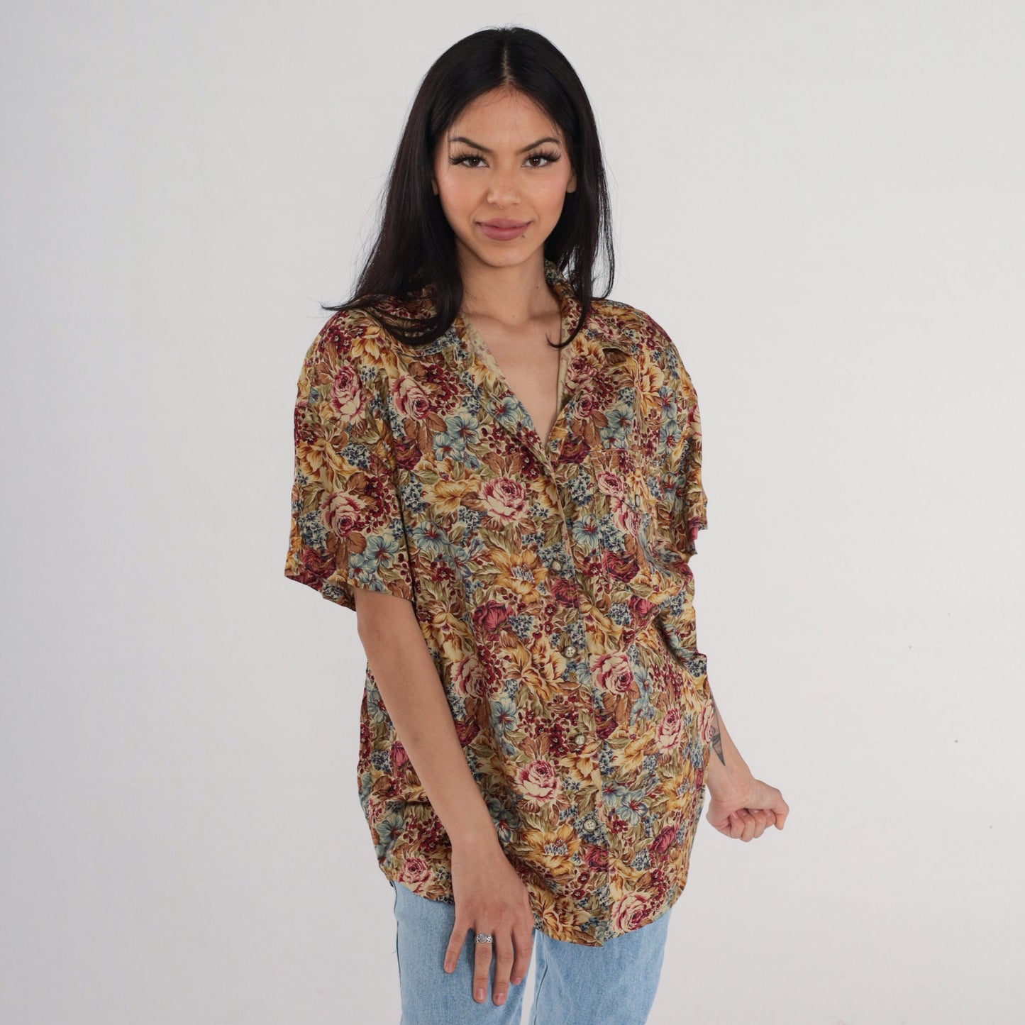 Y2K Liz Claiborne Floral Button-Up Blouse Short Sleeve Rayon Multicolor Large L