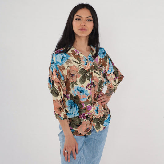 90s Floral Button-Up Blouse Rose Print 3/4 Sleeve Collared Shirt Medium
