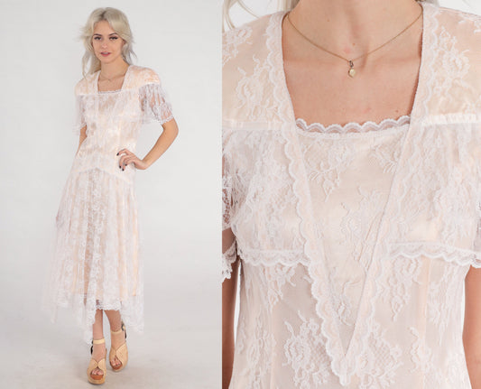 80s Gunne Sax Jessica McClintock Lace Midi Dress Blush Handkerchief Hem XS