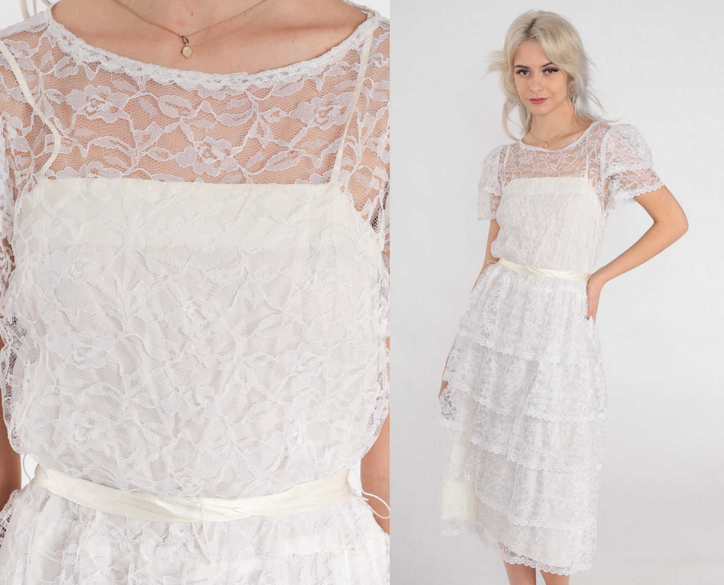 80s White Lace Midi Dress Floral Illusion Neckline Puff Sleeve Tiered Small