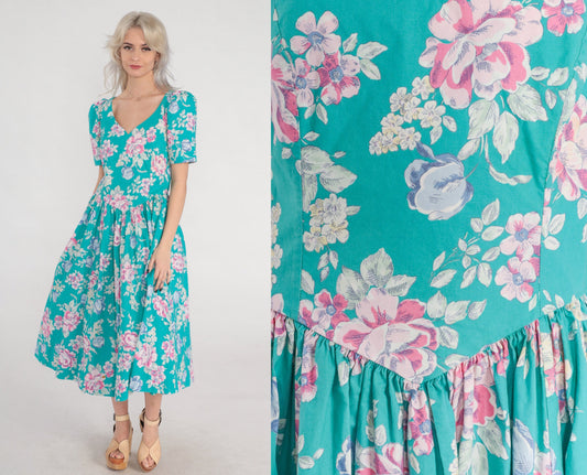 80s Laura Ashley Turquoise Floral Midi Dress Puff Sleeve Basque Waist Medium