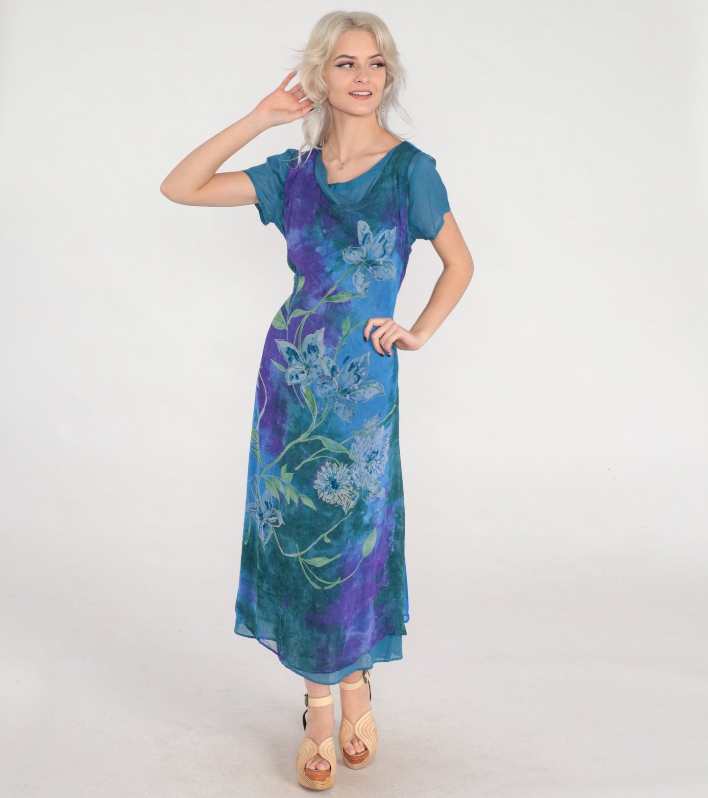 00s Tie Dye Floral Midi Dress Purple Blue Green Layered Short Sleeve Small