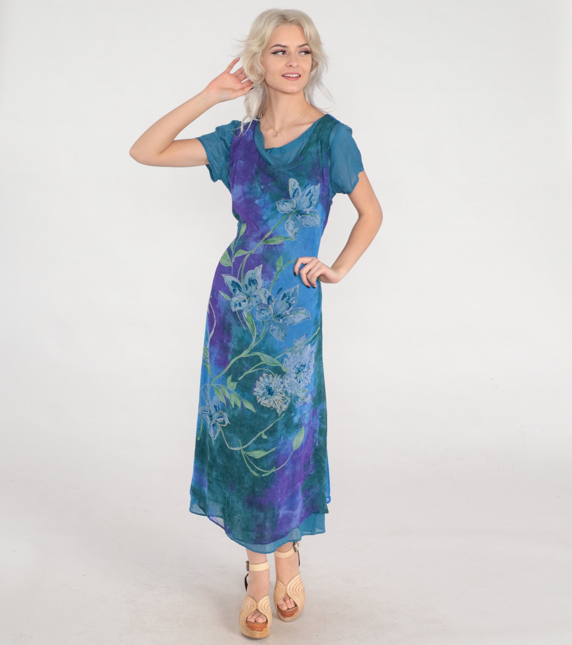 00s Tie Dye Floral Midi Dress Purple Blue Green Layered Short Sleeve Small