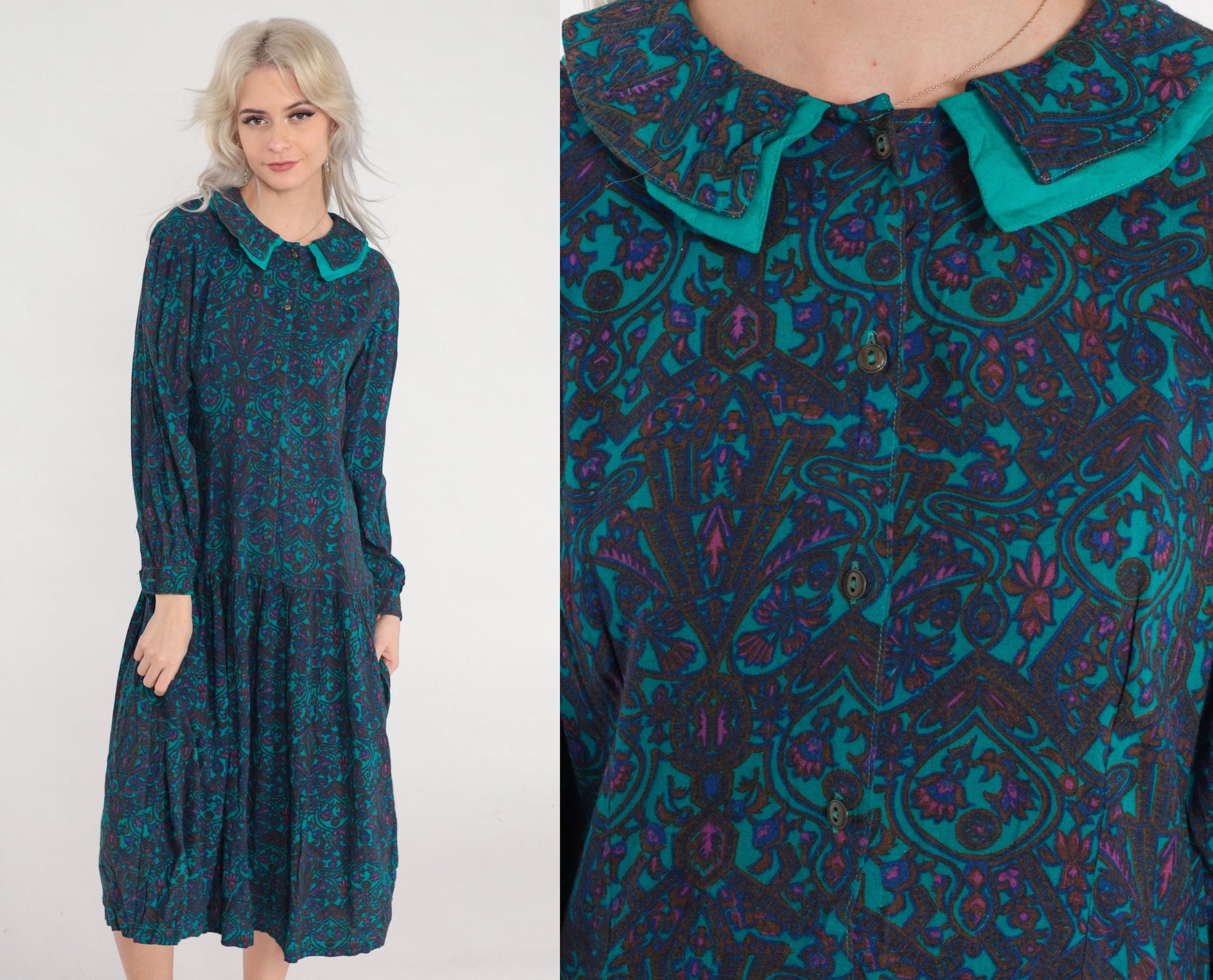 80s Green Floral Midi Dress Collared Puff Sleeve Drop Waist Small