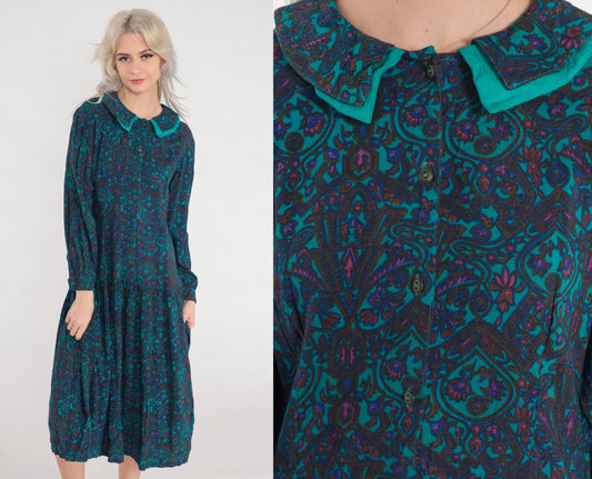 80s Green Floral Midi Dress Collared Puff Sleeve Drop Waist Small
