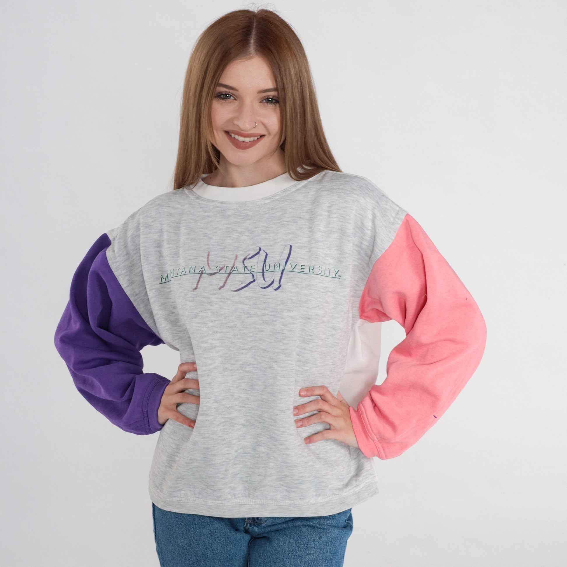 90s Montana State University Bobcats Colorblock Sweatshirt Grey Pink Purple Medium