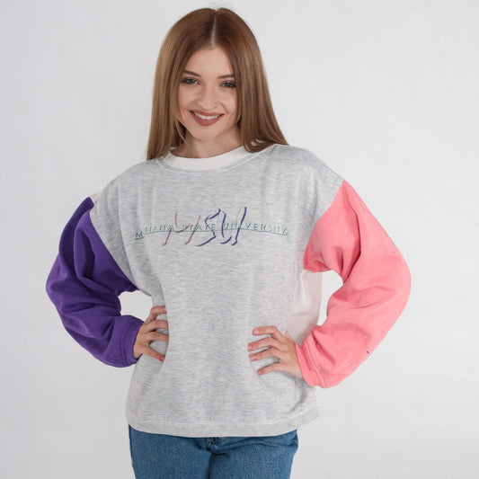 90s Montana State University Bobcats Colorblock Sweatshirt Grey Pink Purple Medium
