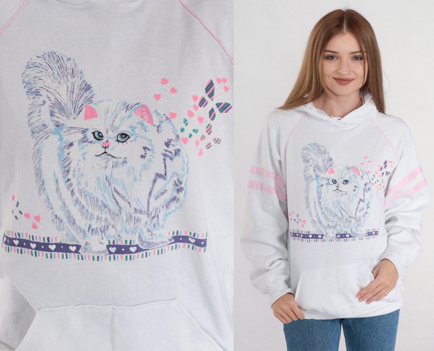 90s Kitten Graphic Hooded Sweatshirt White Pink Stripe Raglan Large L
