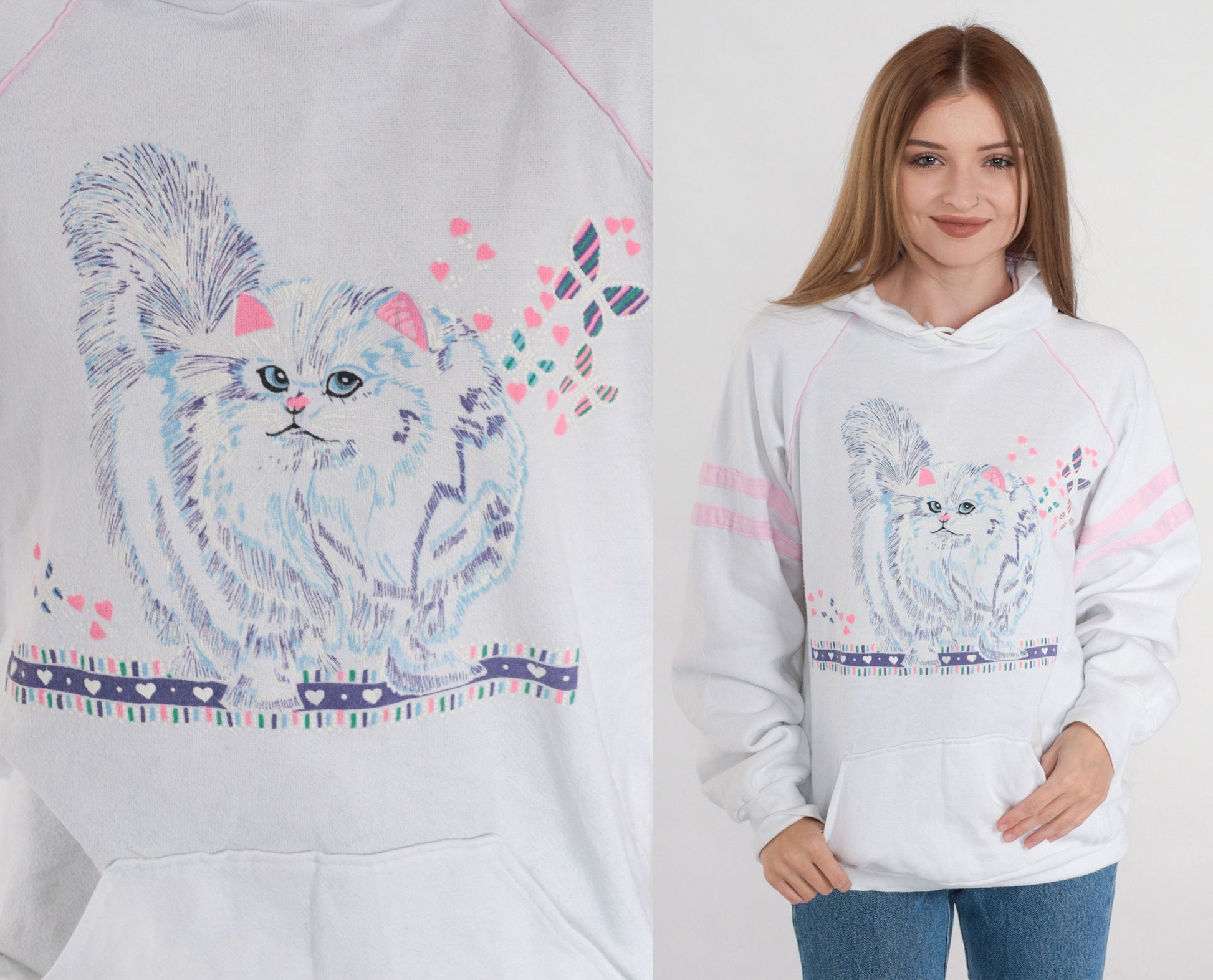 90s Kitten Graphic Hooded Sweatshirt White Pink Stripe Raglan Large L