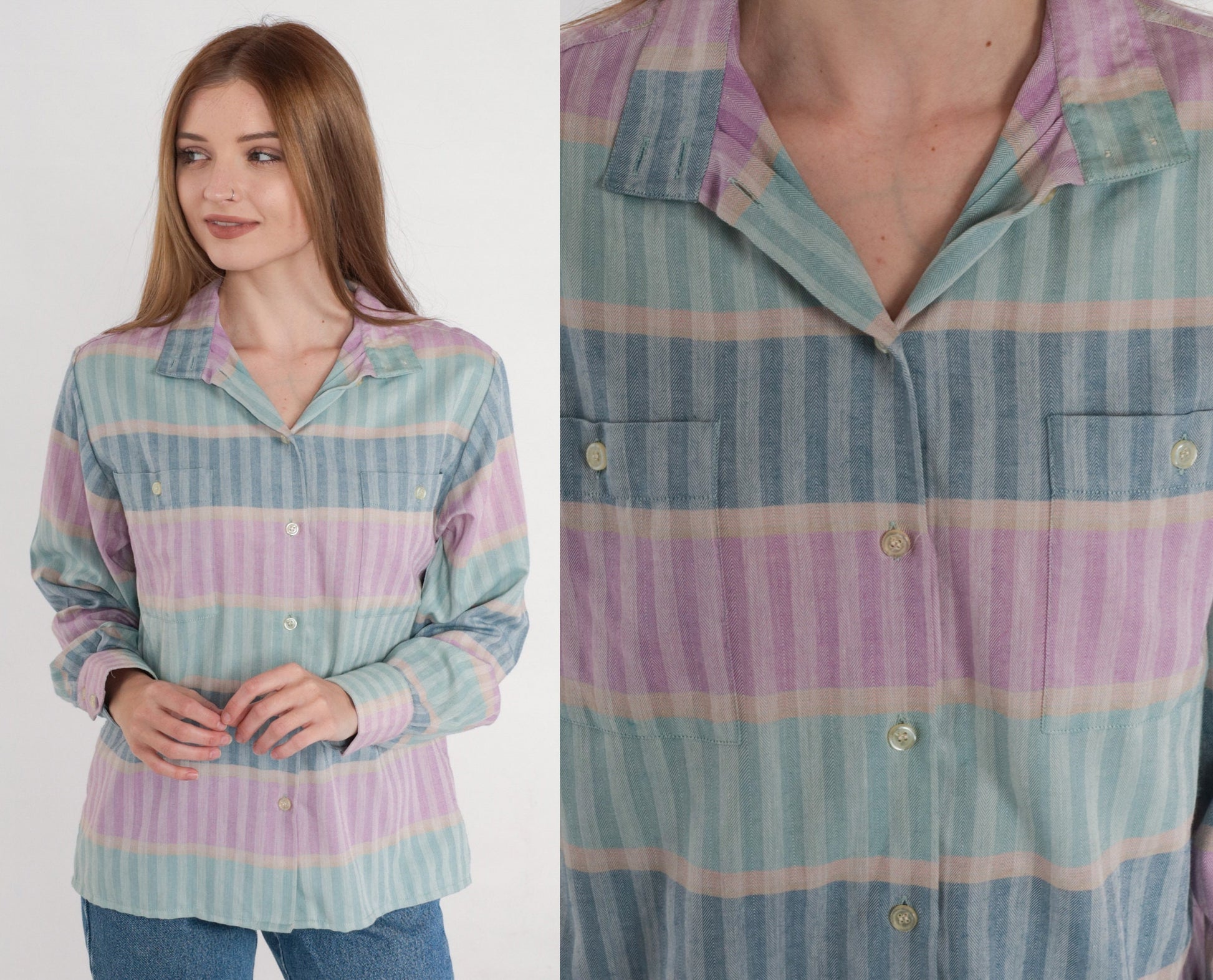 90s Striped Button-Up Blouse Multicolor Long Sleeve Collared Shirt Small