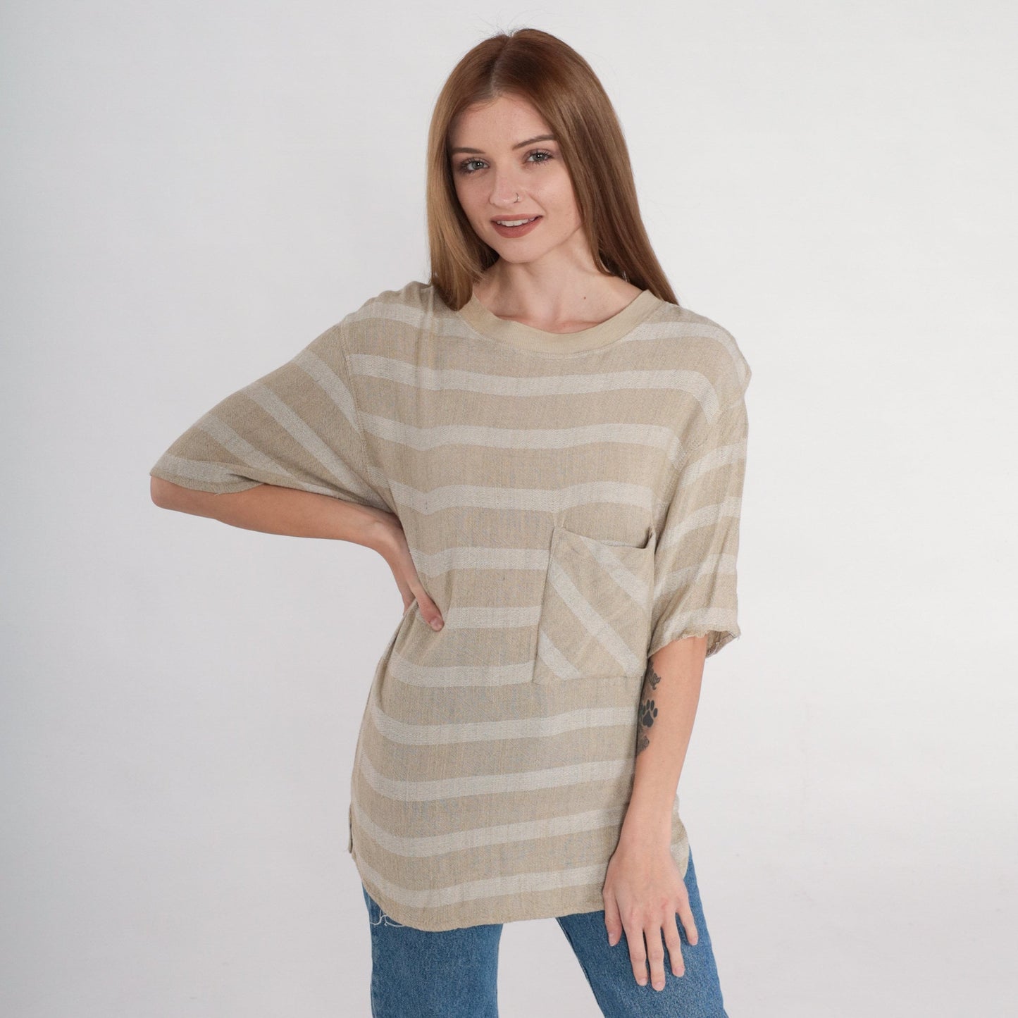 90s Tan Striped Pocket T-Shirt Rayon Crewneck Small