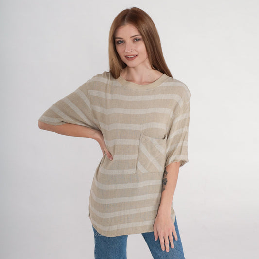 90s Tan Striped Pocket T-Shirt Rayon Crewneck Small