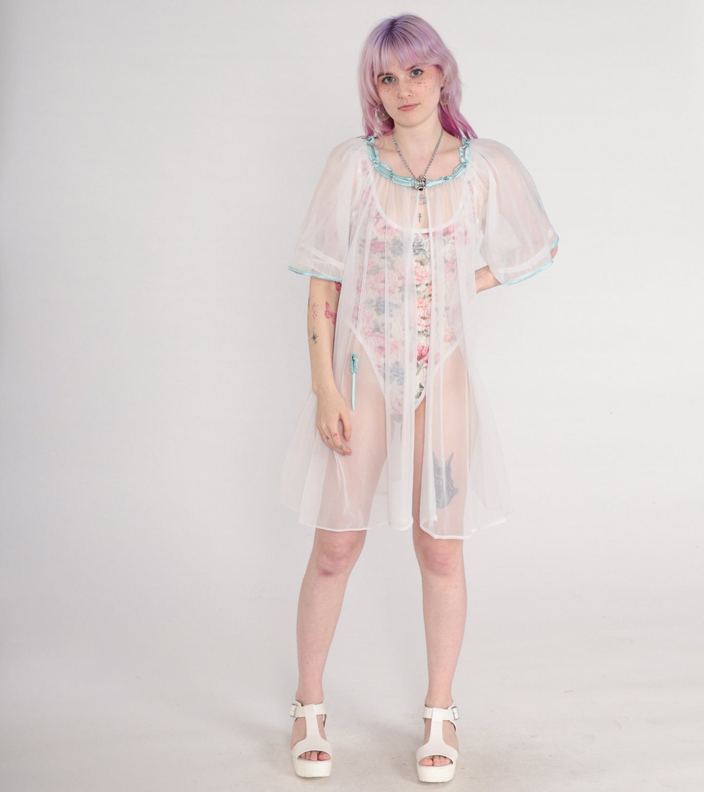 80s White Sheer Nylon Lingerie Robe Puff Sleeve Open Front Medium Large